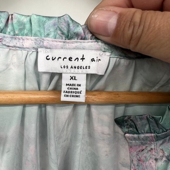 Current Air Watercolor Cuffed Puffed Short Sleeve V Neck Blouse Pink Green XL - Picture 3 of 6